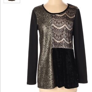 Style & Co sweater XS scoop neck pullover color block lace gold velvet & knit
